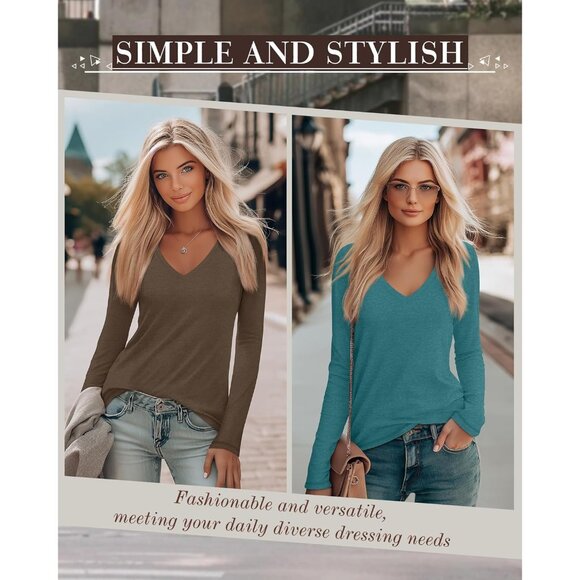 Women's Long Sleeve V Neck Tees Pack Basic Casual Loose Fit Top Outfits - Picture 4 of 4